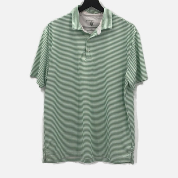 Hickey Freeman Golf Striped Short Sleeve Polo Shirt in Green & White -Size Large - Picture 1 of 6